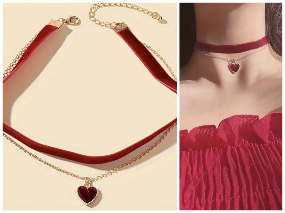 Collar Choker de terciopelo Burdeos doble capa con colgante corazón - Imagen 1
