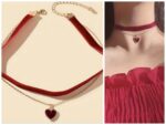 Collar Choker de terciopelo Burdeos doble capa con colgante corazón