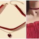 Collar Choker de terciopelo Burdeos doble capa con colgante corazón