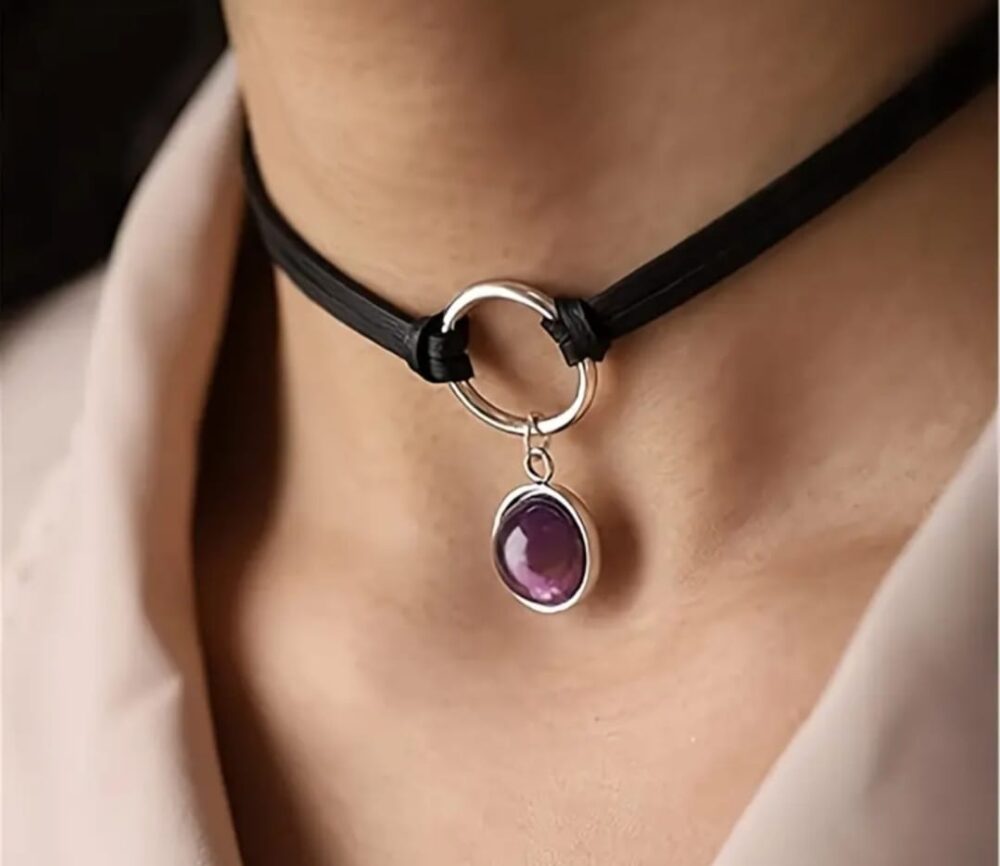 Collar gargantilla gótico BOHO-CHIC de amatista cuero falso - Imagen 2
