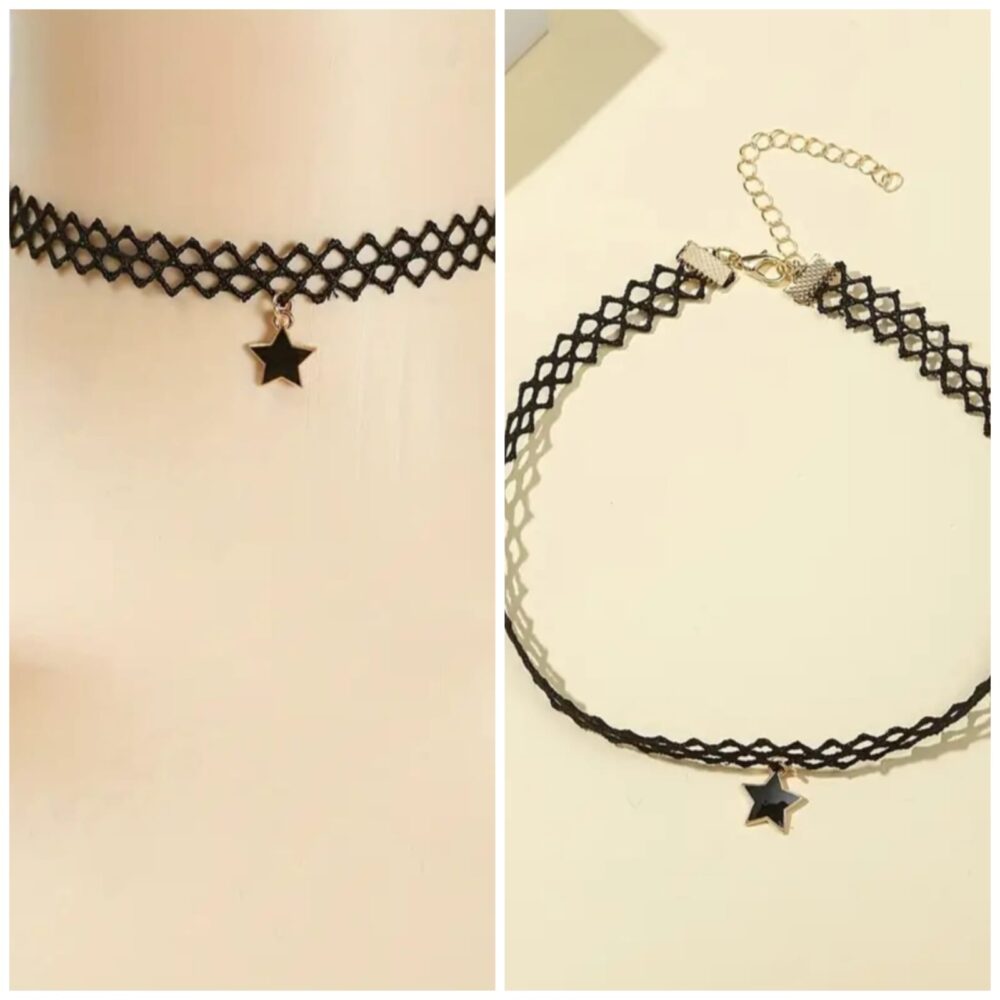 Collar gótico de encaje de tela con colgante estrella diseño vintage