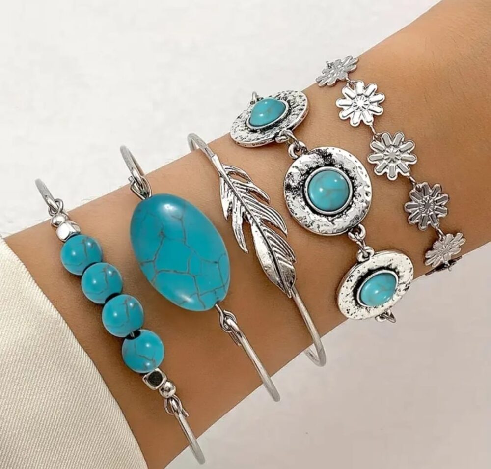 Set pulseras incrustada con turquesa estilo étnico - Imagen 1