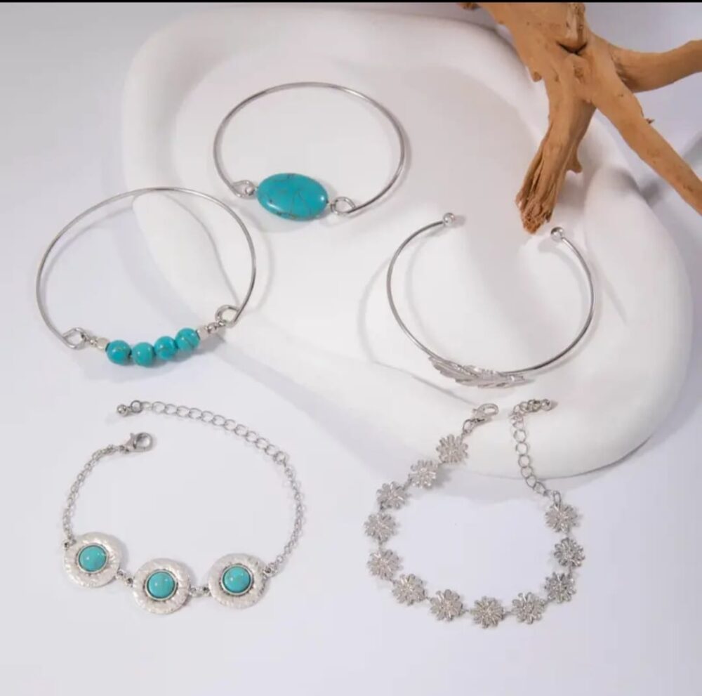 Set pulseras incrustada con turquesa estilo étnico - Imagen 2